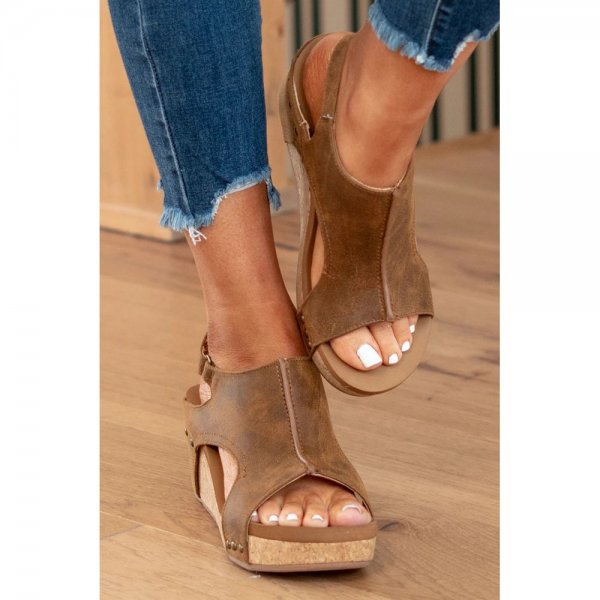 Brown Vintage Leather Stitching Studded Wedge Sandals