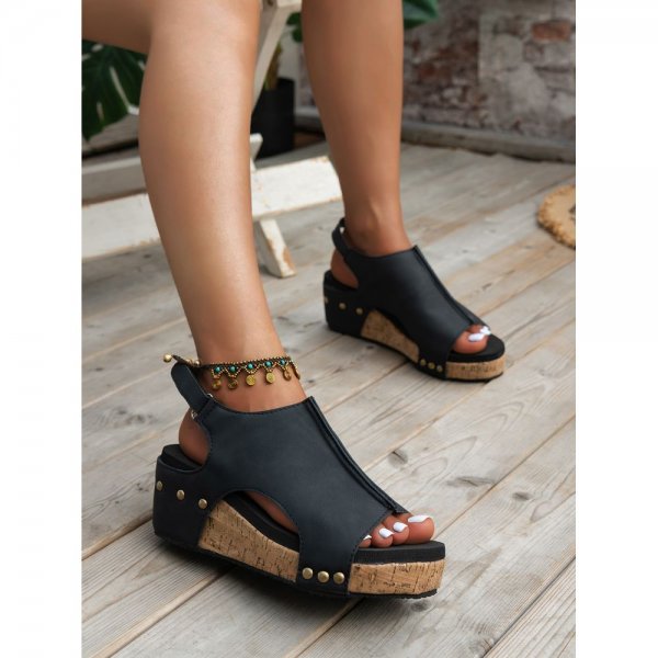 Black Vintage Leather Stitching Studded Wedge Sandals