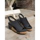 Black Vintage Leather Stitching Studded Wedge Sandals
