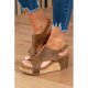 Brown Vintage Leather Stitching Studded Wedge Sandals