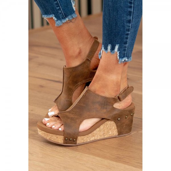 Brown Vintage Leather Stitching Studded Wedge Sandals