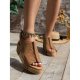 Brown Vintage Leather Stitching Studded Wedge Sandals