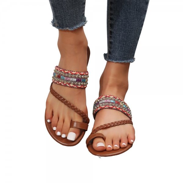 Multicolor Tribal Pattern Woven Toe Ring Thong Slippers
