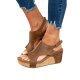 Brown Vintage Leather Stitching Studded Wedge Sandals