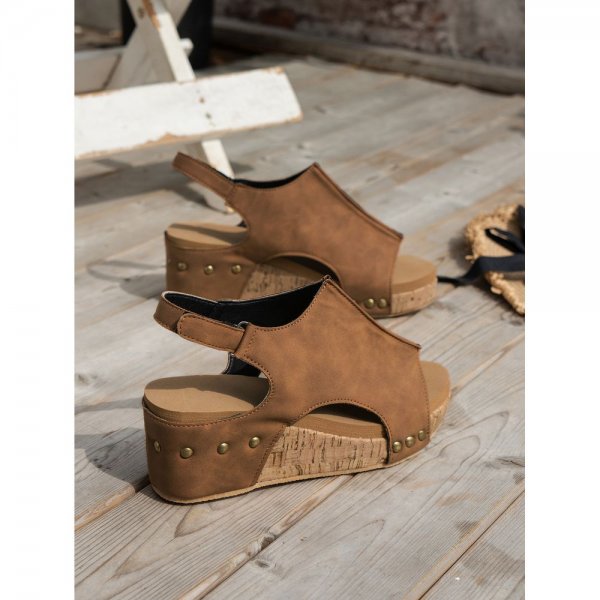 Brown Vintage Leather Stitching Studded Wedge Sandals