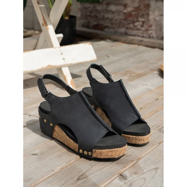 Black Vintage Leather Stitching Studded Wedge Sandals