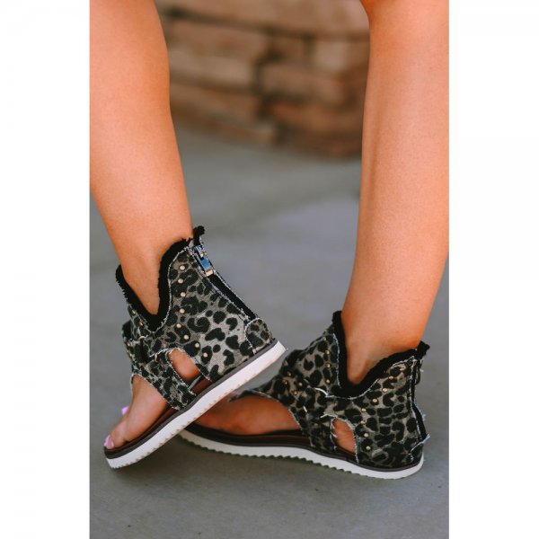 Leopard Vintage Rivet Fringed Gladiator Sandals