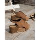 Brown Vintage Leather Stitching Studded Wedge Sandals